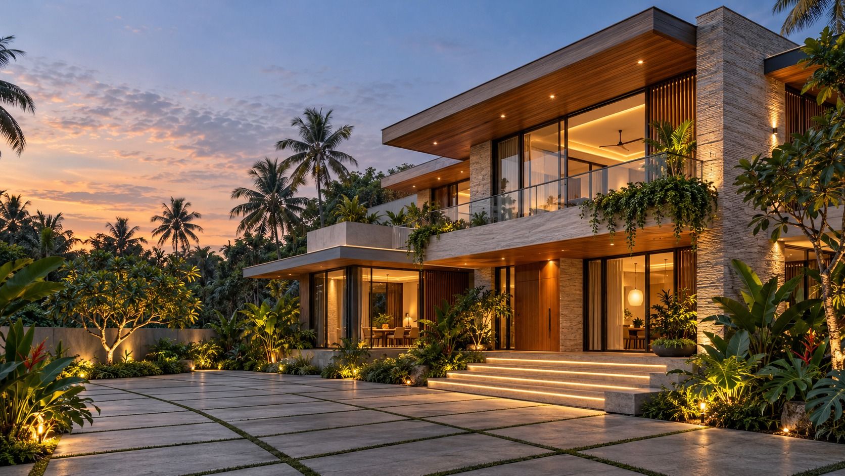 Contemporary two-storey villa at dusk with a timber soffit, stone-clad walls, glass balconies and warmly lit steps among coconut palms