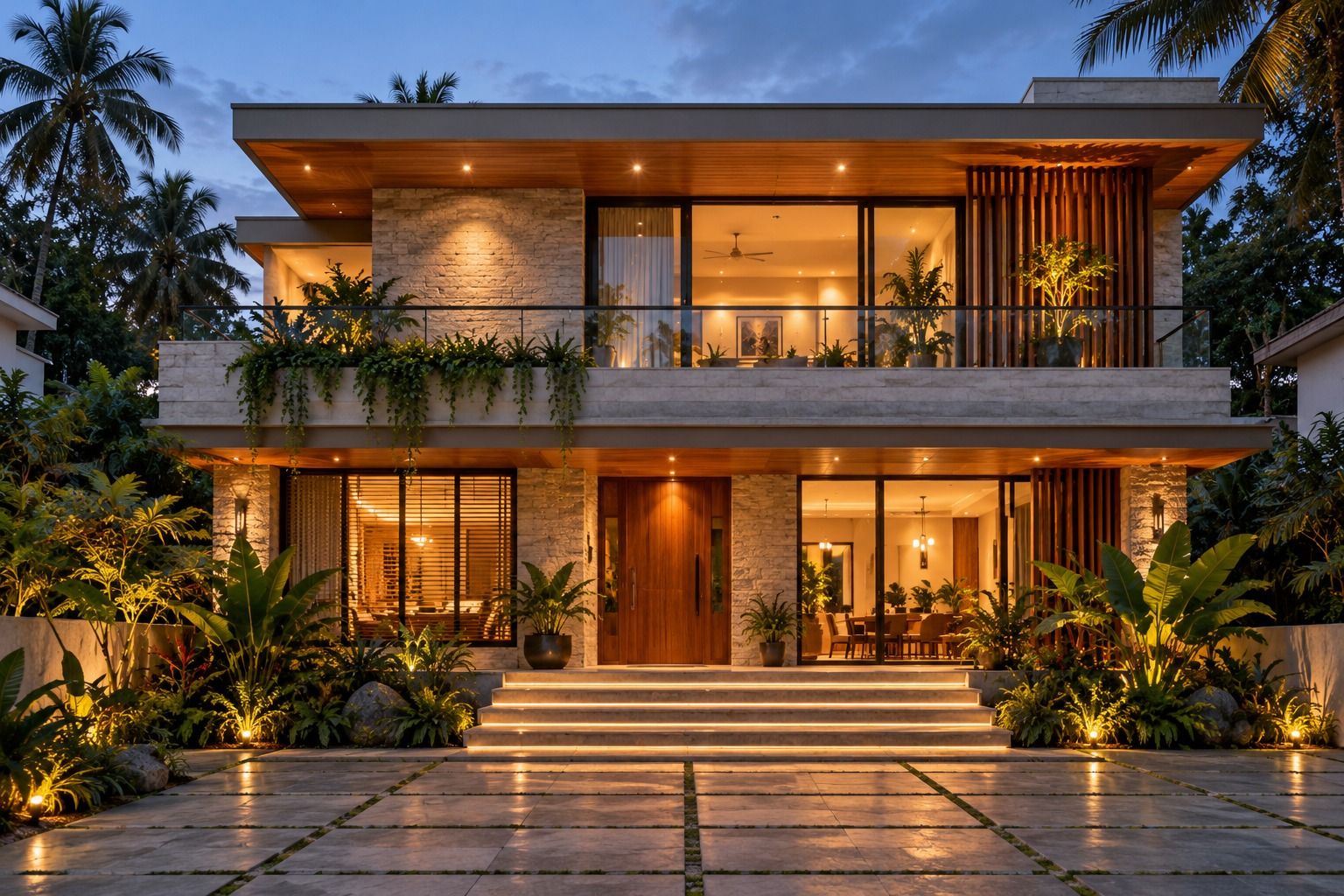 After: the renovated house with timber screens, stone cladding, glass balcony and lit entrance steps