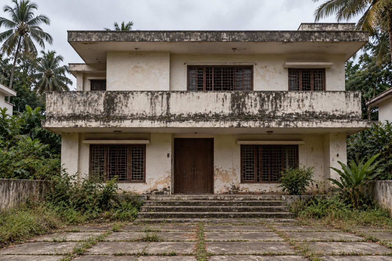 Before: the original house with stained, weathered walls, metal window grilles and an overgrown front yard