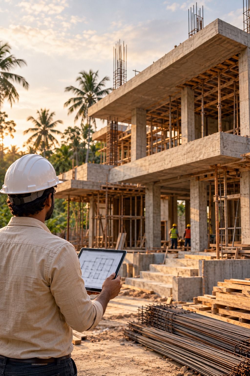 Site engineer in a hard hat reviewing drawings on a tablet in front of a two-storey concrete frame under construction