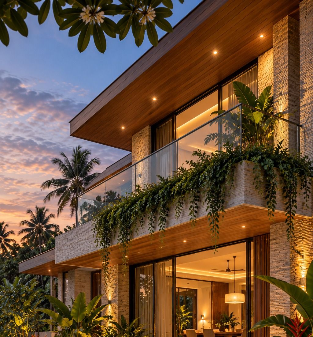 Upper floor of a contemporary home at dusk: glass balcony, timber soffit with downlights and plants trailing over stone cladding