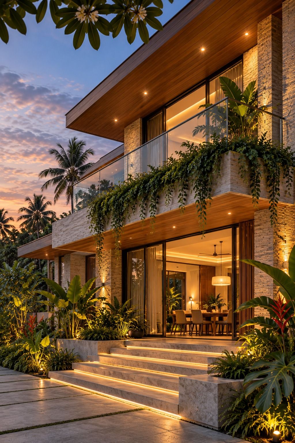 Two-storey contemporary home at dusk with a deep timber soffit, stone-clad columns, trailing planters and lit steps through a tropical garden